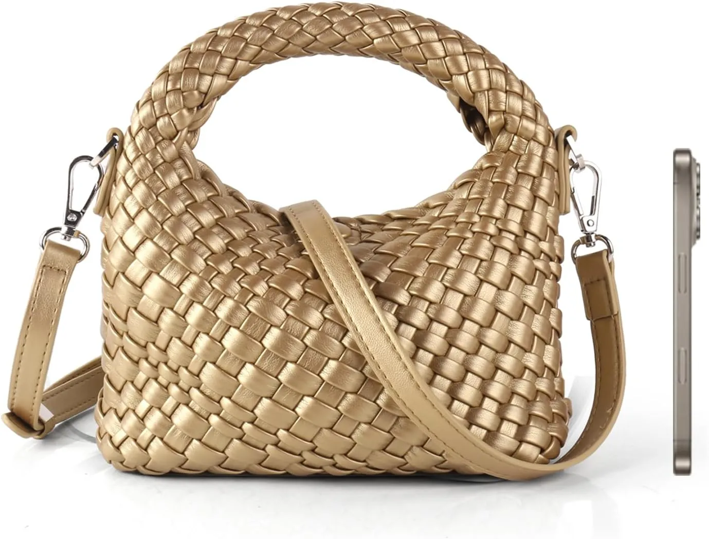 Woven Handbag For Women, Small Metallic Purse with Detachable Crossbody Strap, Girls Daily Top Handle Bag
