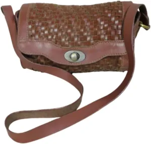 Woven Leather Crossbody Handbag, Brown, Twist Lock Closure