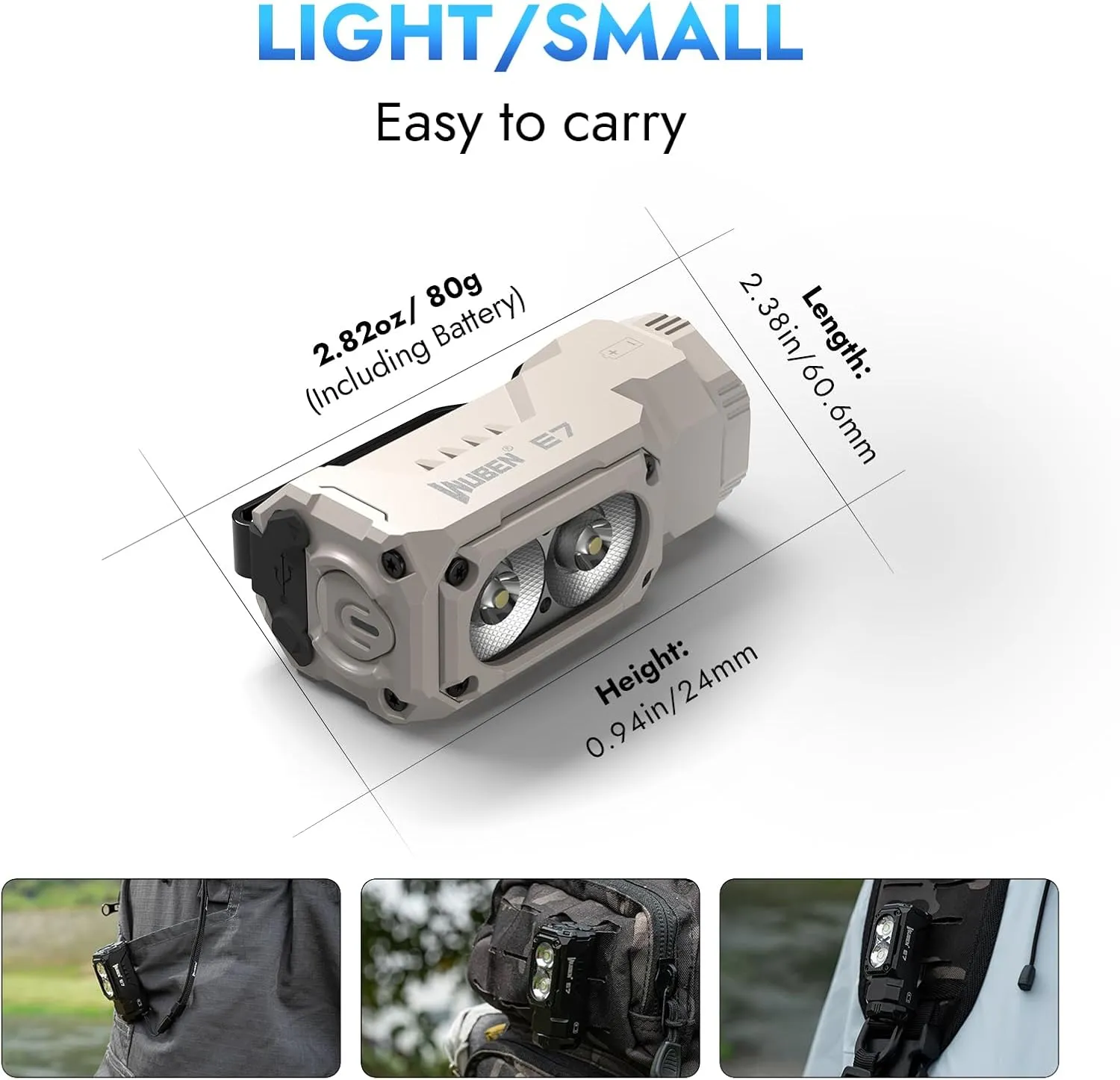 WUBEN E7 1800 Lumen Rechargeable Mini Flashlight with Magnet - Super Bright 6 Modes Khaki EDC Flashlight, Typ-C Rechargeable LED; IP68 Pocket Flashlight for Headlamp Use, Rescue, Camping