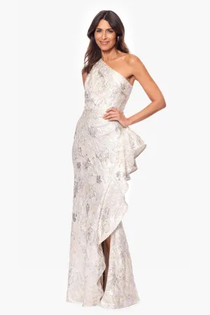 Xscape Women's One Shoulder Jaquard Side Ruffle Slit Gown, Champagne, 4