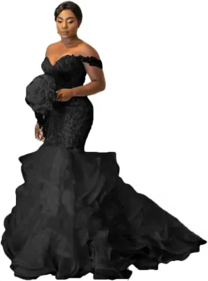 XYAYE Ruffle Organza Crystal Mermaid Wedding Dresses for Bride Lace Tassel Wedding Gowns Off Shoulder Bridal Gowns