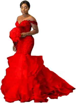 XYAYE Ruffle Organza Crystal Mermaid Wedding Dresses for Bride Lace Tassel Wedding Gowns Off Shoulder Bridal Gowns