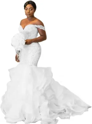 XYAYE Ruffle Organza Crystal Mermaid Wedding Dresses for Bride Lace Tassel Wedding Gowns Off Shoulder Bridal Gowns