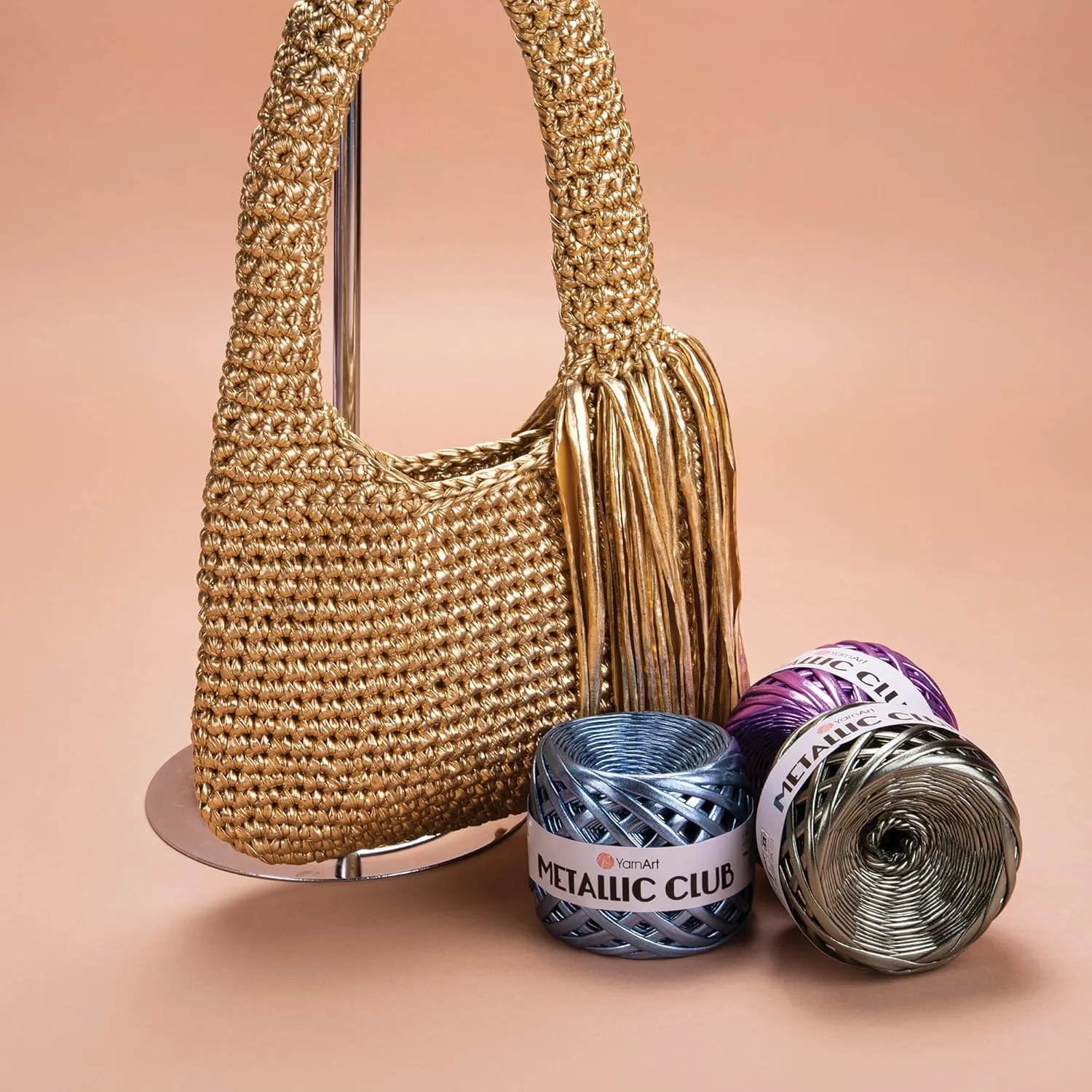 YarnArt Metallic Club Super Bulky T-Shirt Yarn - 100% Polyester, 6.35 oz / 180 gr, 60 yrds / 55 Meters - Shiny Colors for Handbags, Rugs, Chic Night Bags, Crochet (8104)