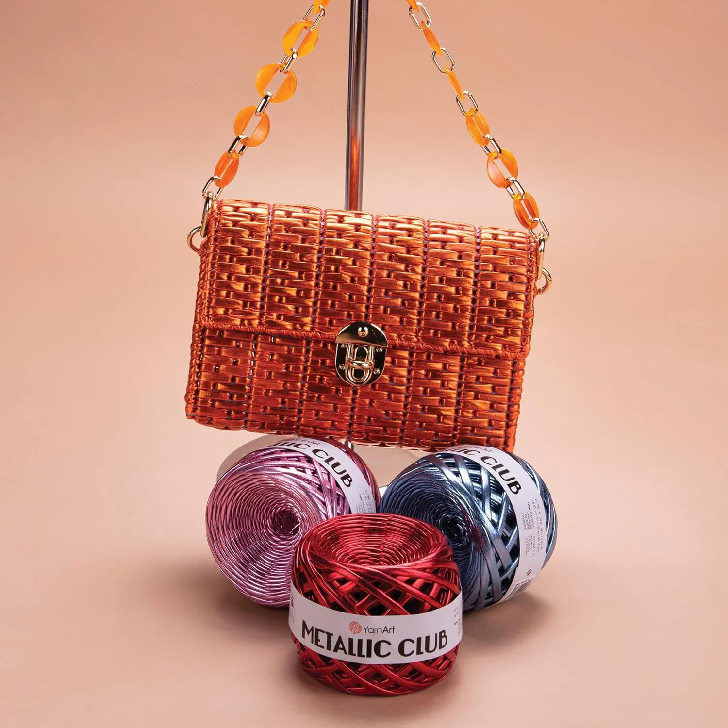 YarnArt Metallic Club Super Bulky T-Shirt Yarn - 100% Polyester, 6.35 oz / 180 gr, 60 yrds / 55 Meters - Shiny Colors for Handbags, Rugs, Chic Night Bags, Crochet (8104)