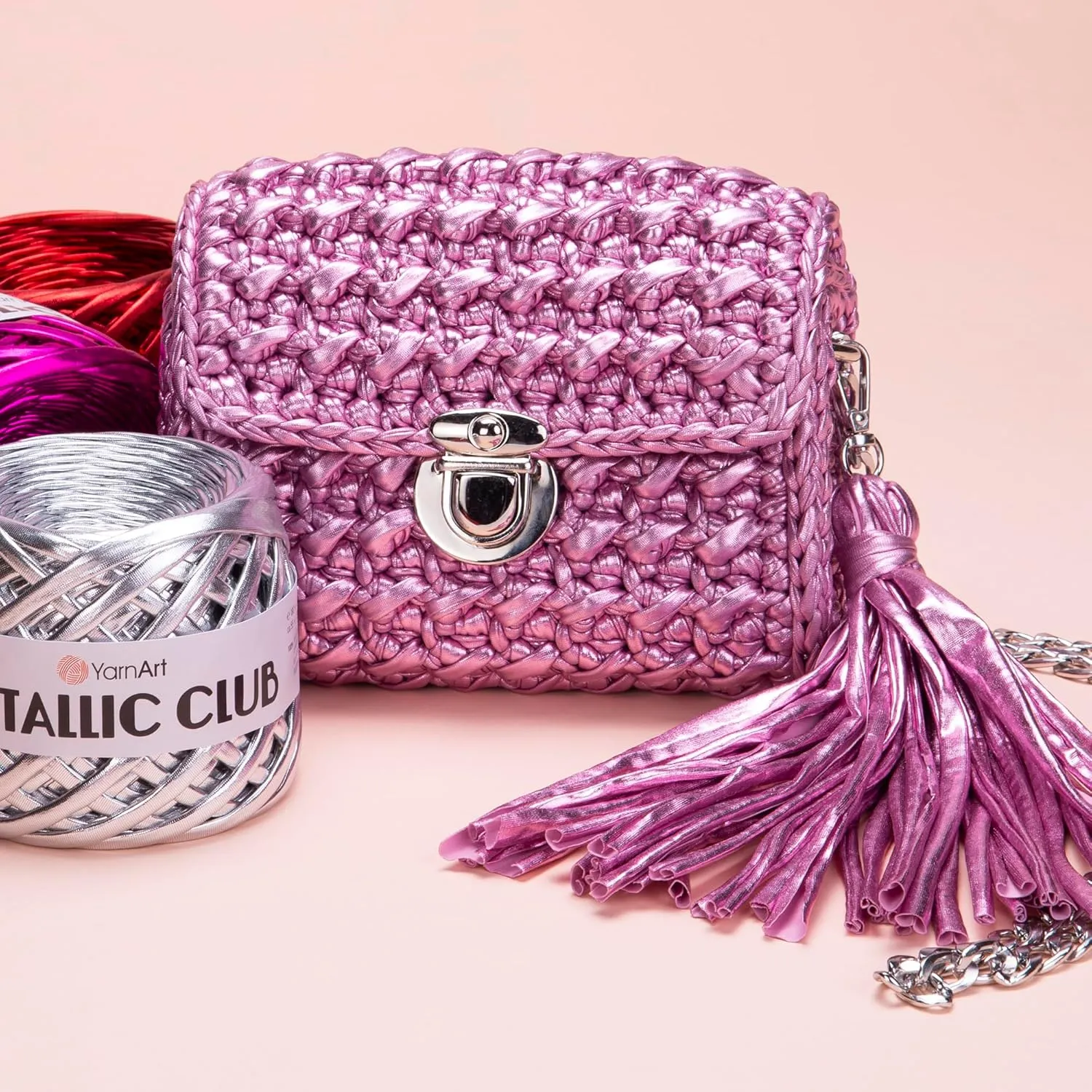 YarnArt Metallic Club Super Bulky T-Shirt Yarn - 100% Polyester, 6.35 oz / 180 gr, 60 yrds / 55 Meters - Shiny Colors for Handbags, Rugs, Chic Night Bags, Crochet (8104)