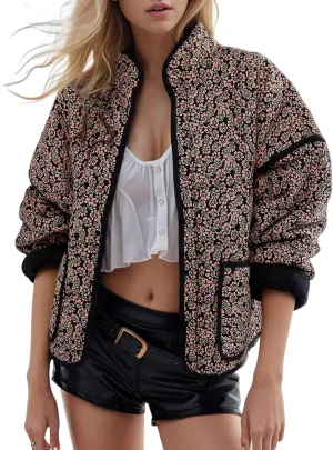 Yimoon Women's Cropped Puffer Quilted Jacket Vintage Floral Print Open Front Lightweight Short Jacket Outwear