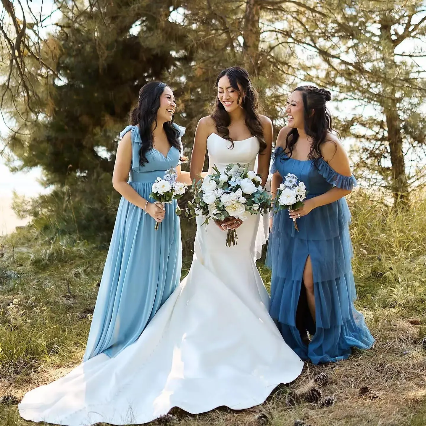 YMSHA Ruffles Sleeve Bridesmaid Dresses with Slit A Line Square Neck Layered Formal Dress YMS434