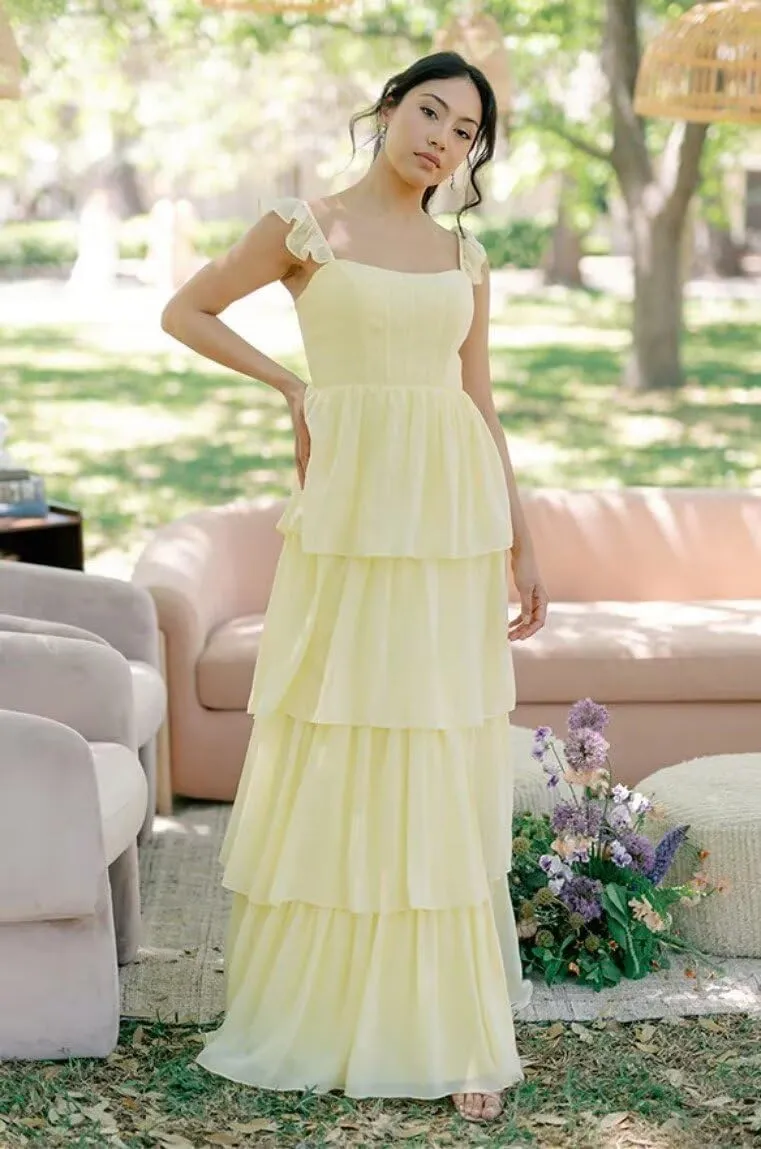 YMSHA Ruffles Sleeve Bridesmaid Dresses with Slit A Line Square Neck Layered Formal Dress YMS434