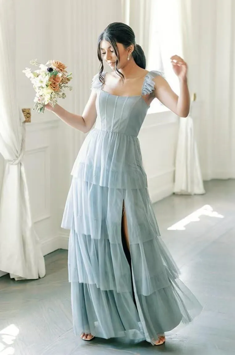 YMSHA Ruffles Sleeve Bridesmaid Dresses with Slit A Line Square Neck Layered Formal Dress YMS434
