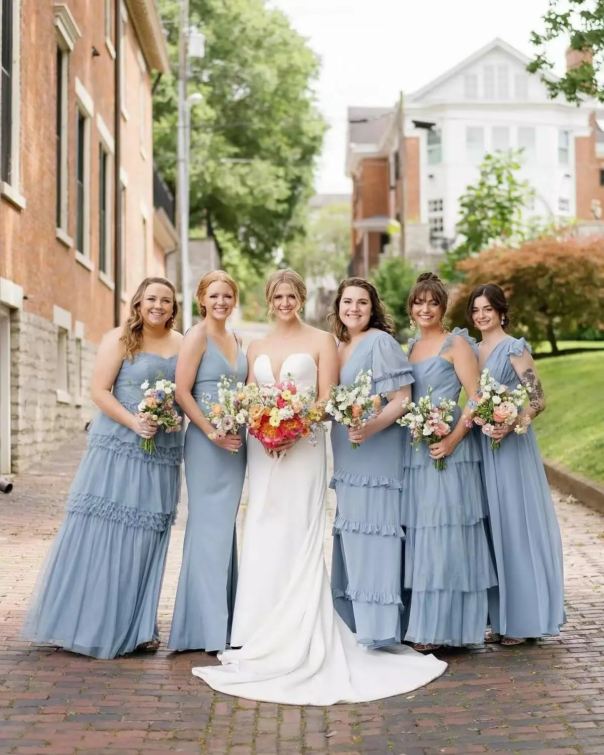 YMSHA Ruffles Sleeve Bridesmaid Dresses with Slit A Line Square Neck Layered Formal Dress YMS434