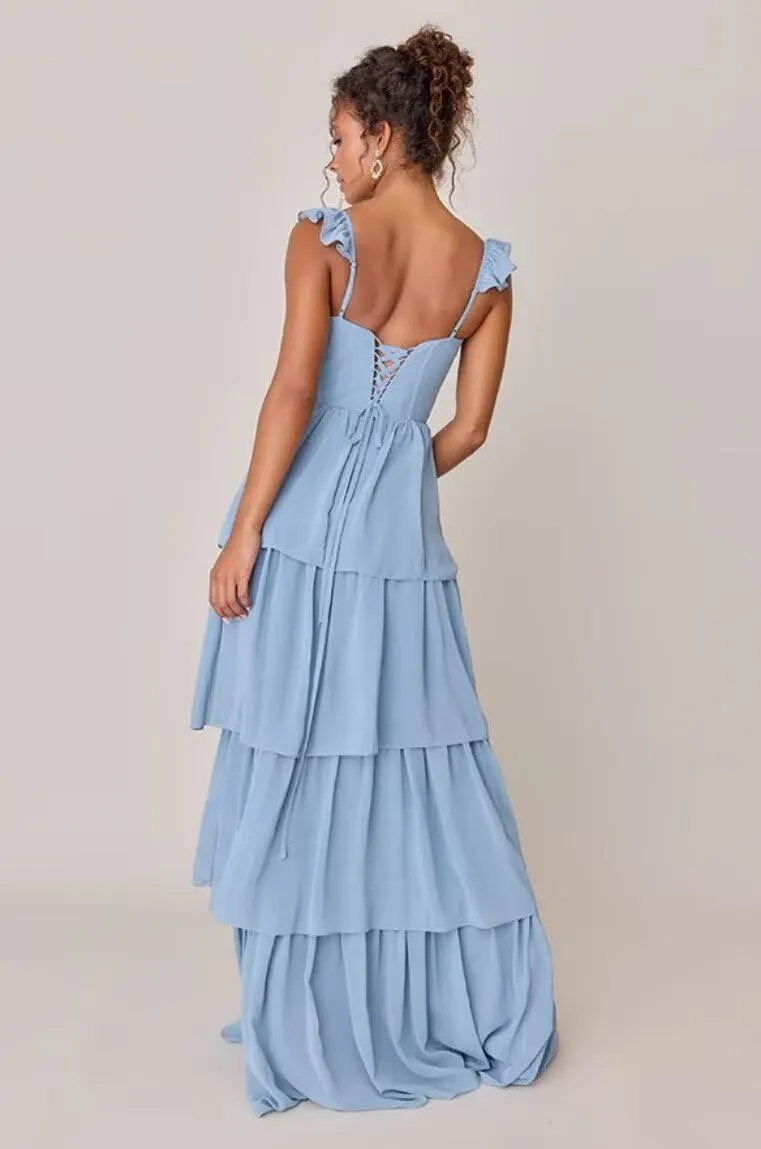 YMSHA Ruffles Sleeve Bridesmaid Dresses with Slit A Line Square Neck Layered Formal Dress YMS434