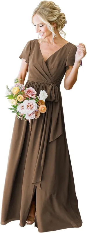 YMSHA Women's Short Sleeve Bridesmaid Dresses with Slit 2025 V Neck Pleated Formal Party Dress YMS159