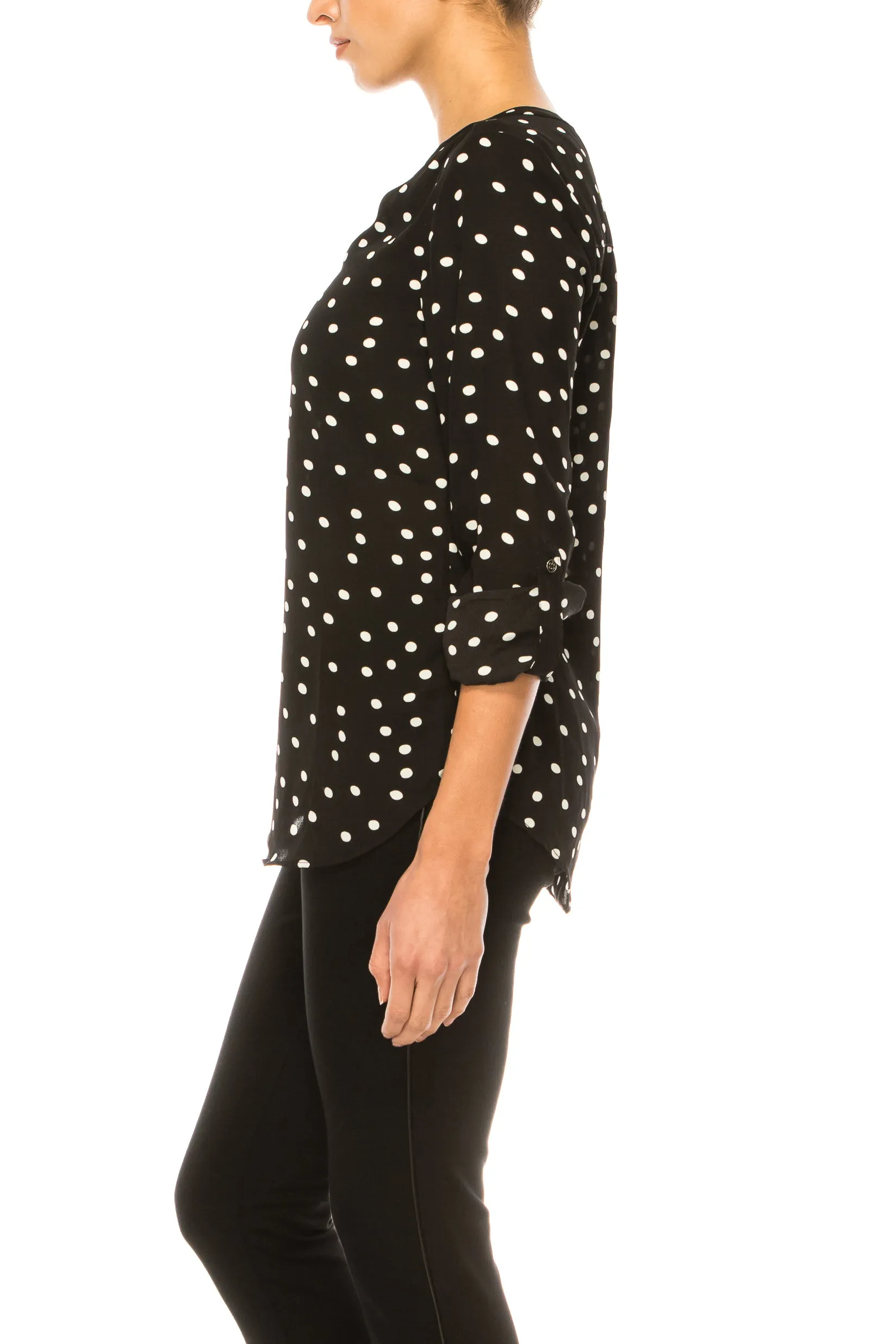 Zac & Rachel Printed Roll-Up Button Sleeve Split-Neck Top