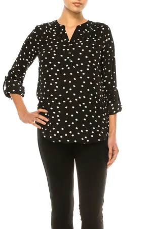 Zac & Rachel Printed Roll-Up Button Sleeve Split-Neck Top