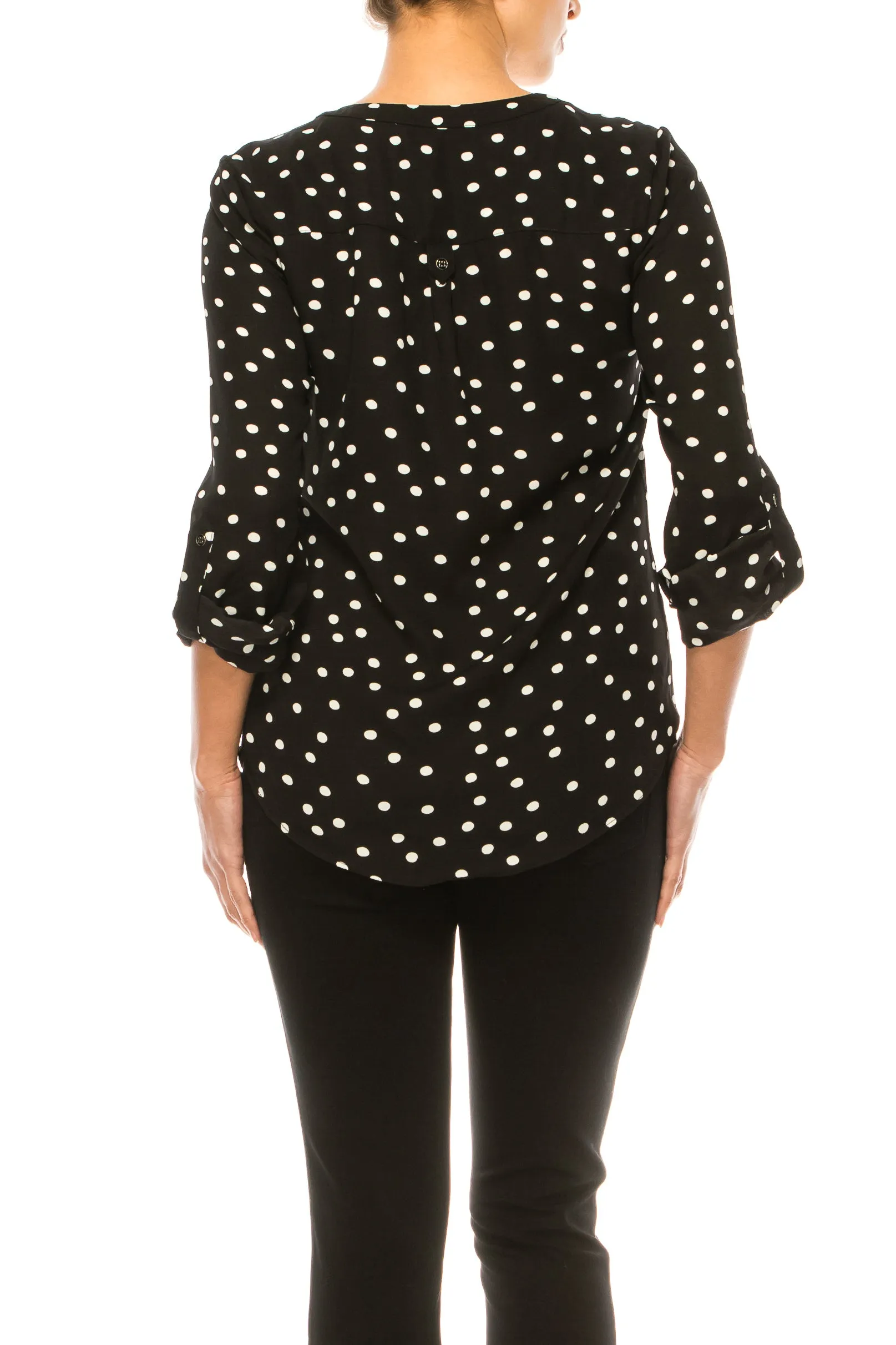 Zac & Rachel Printed Roll-Up Button Sleeve Split-Neck Top