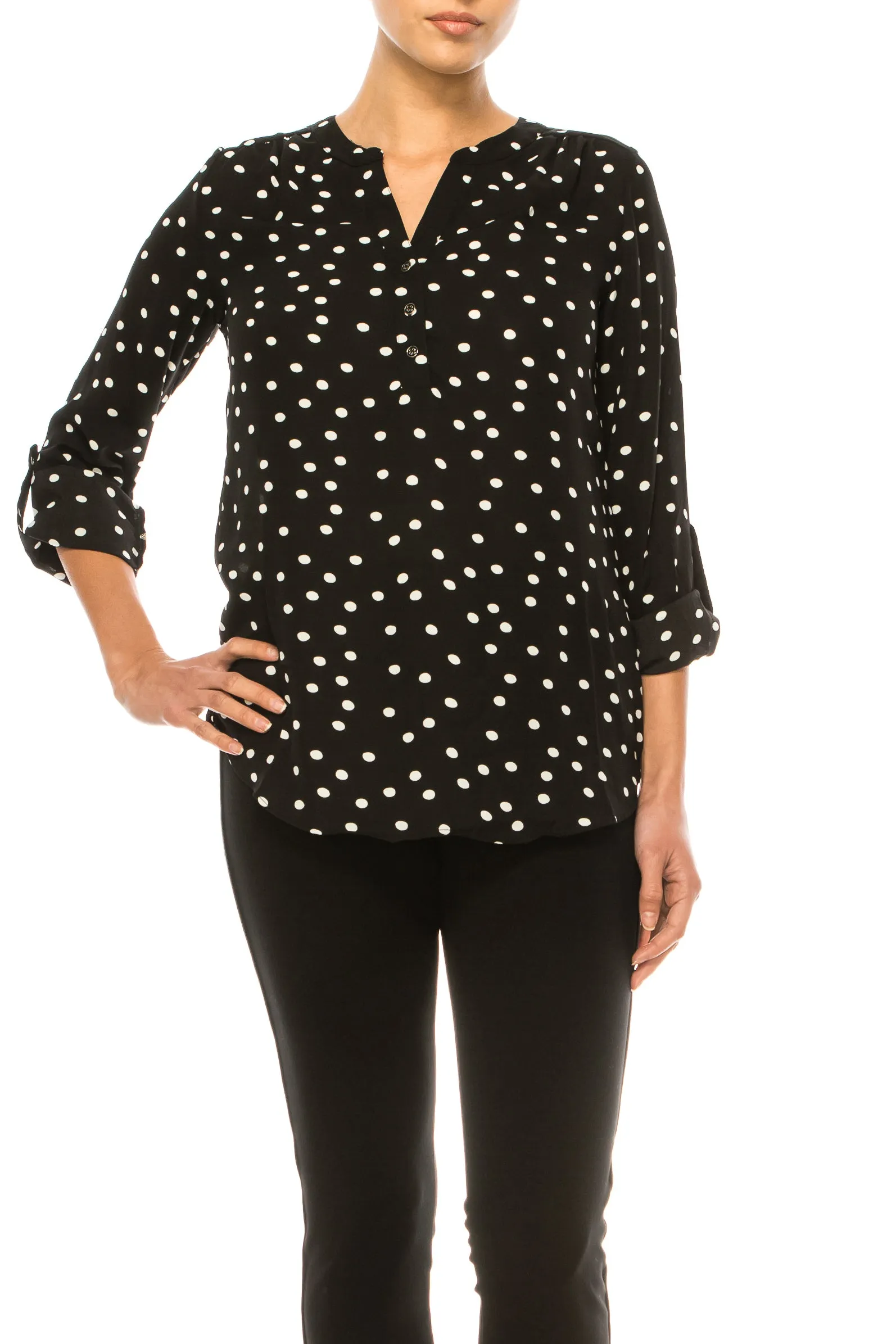 Zac & Rachel Printed Roll-Up Button Sleeve Split-Neck Top
