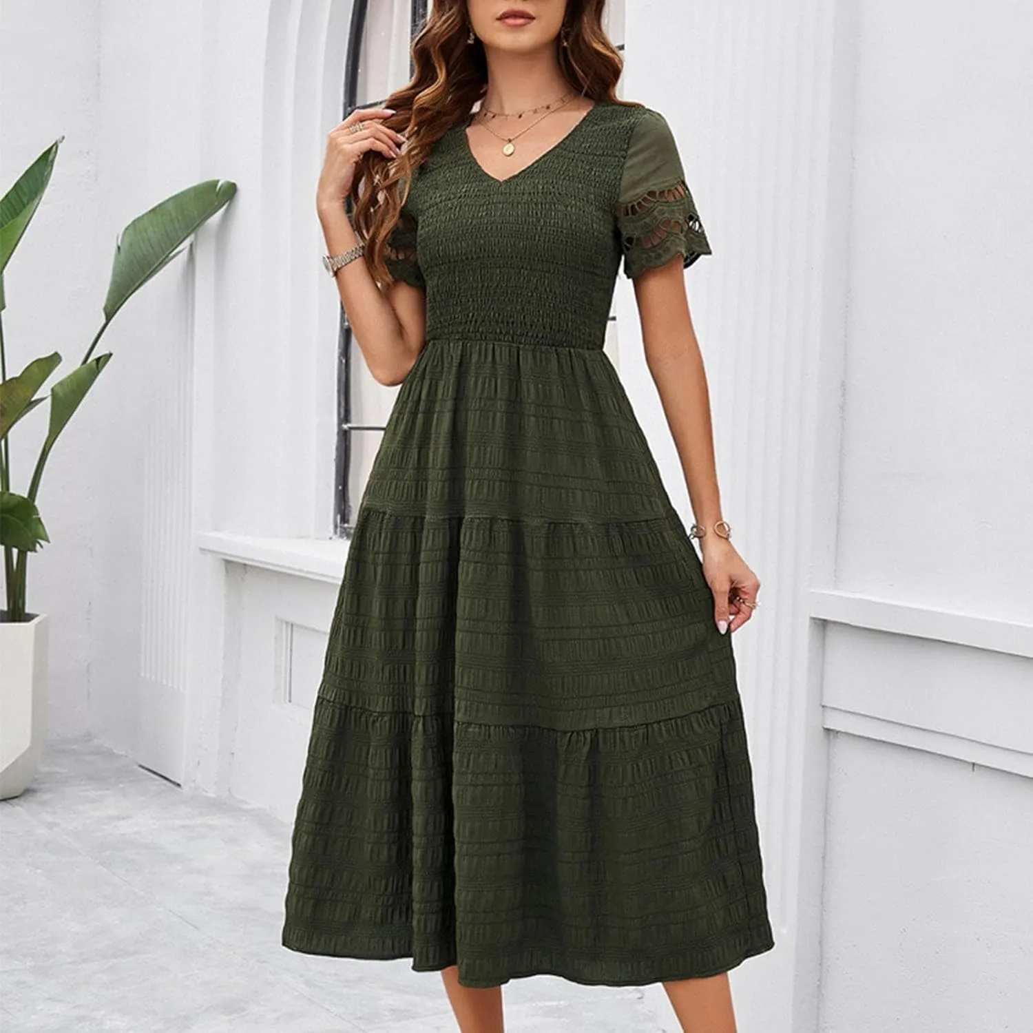 ZDRZK Womens Summer Dresses Short Sleeve Tiered Flowy Smocked Long Sundresses 2024 Vacation Trendy V-Neck Casual Midi Dress