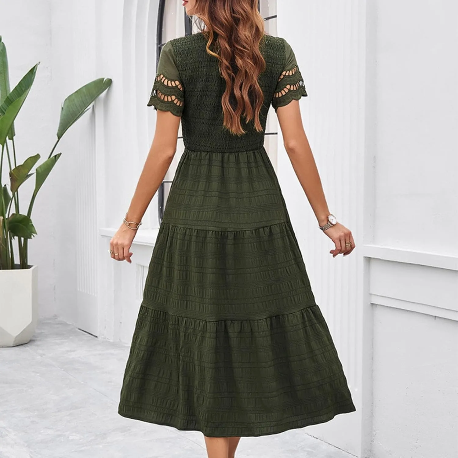 ZDRZK Womens Summer Dresses Short Sleeve Tiered Flowy Smocked Long Sundresses 2024 Vacation Trendy V-Neck Casual Midi Dress