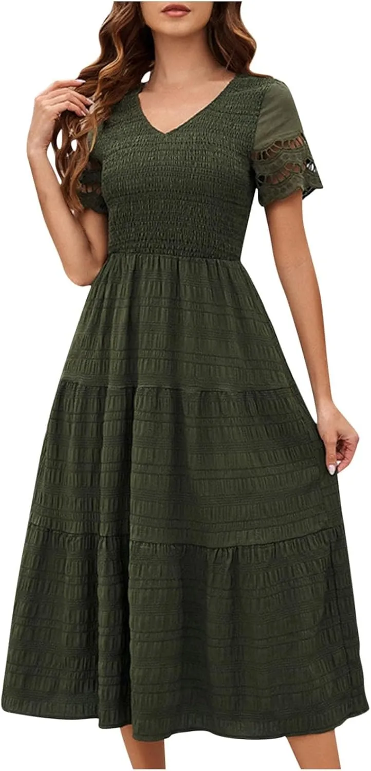 ZDRZK Womens Summer Dresses Short Sleeve Tiered Flowy Smocked Long Sundresses 2024 Vacation Trendy V-Neck Casual Midi Dress