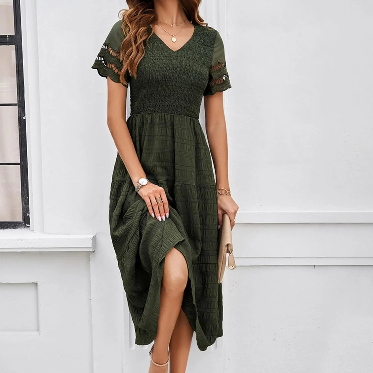 ZDRZK Womens Summer Dresses Short Sleeve Tiered Flowy Smocked Long Sundresses 2024 Vacation Trendy V-Neck Casual Midi Dress