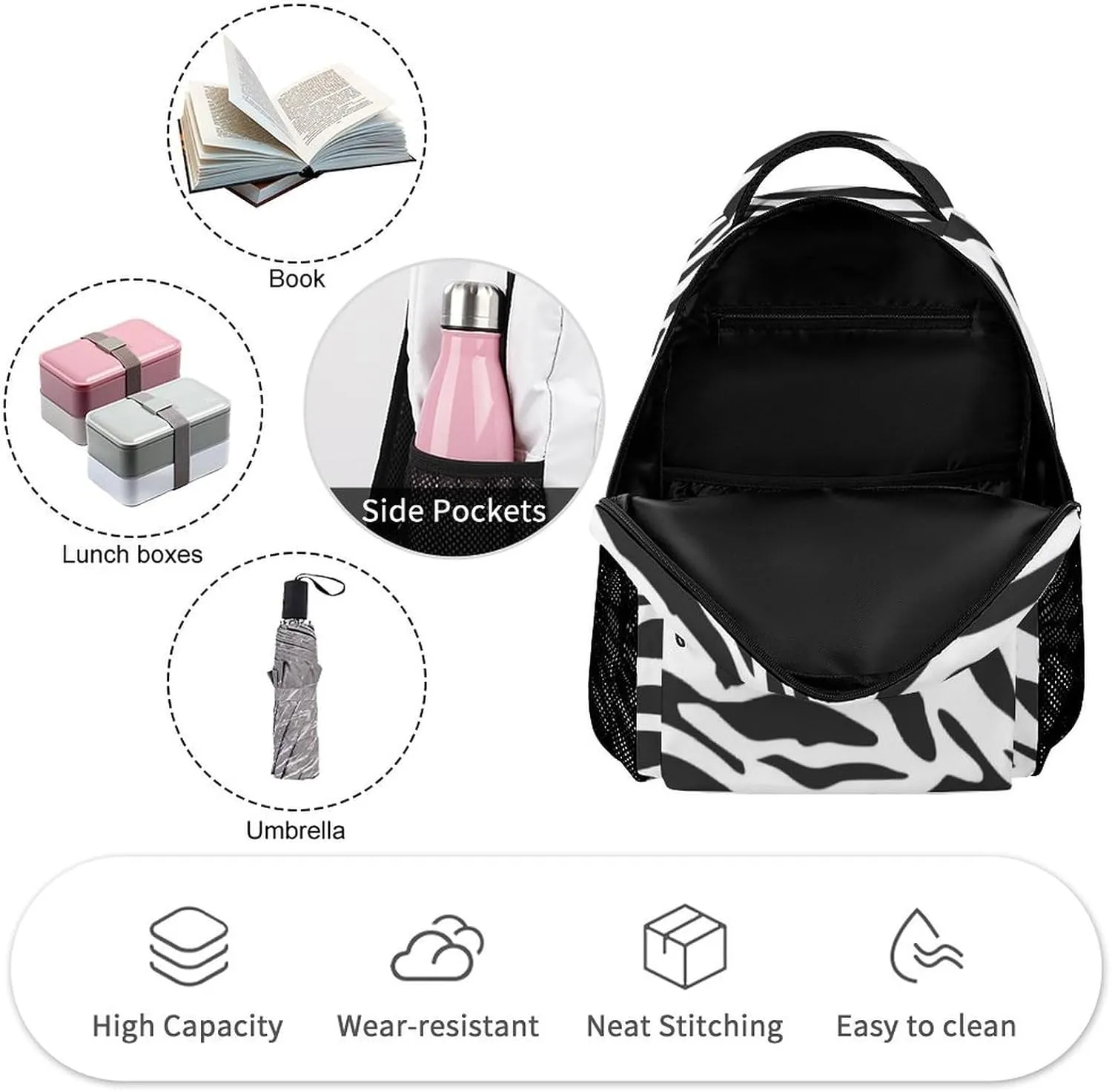 Zebra Backpack for Kids Girls Boys School, 16 Inches Cute Zebras Theme Bookbag, Adjustable, Lightweight, Large Capacity, Colorful Daily Casual Backpacks