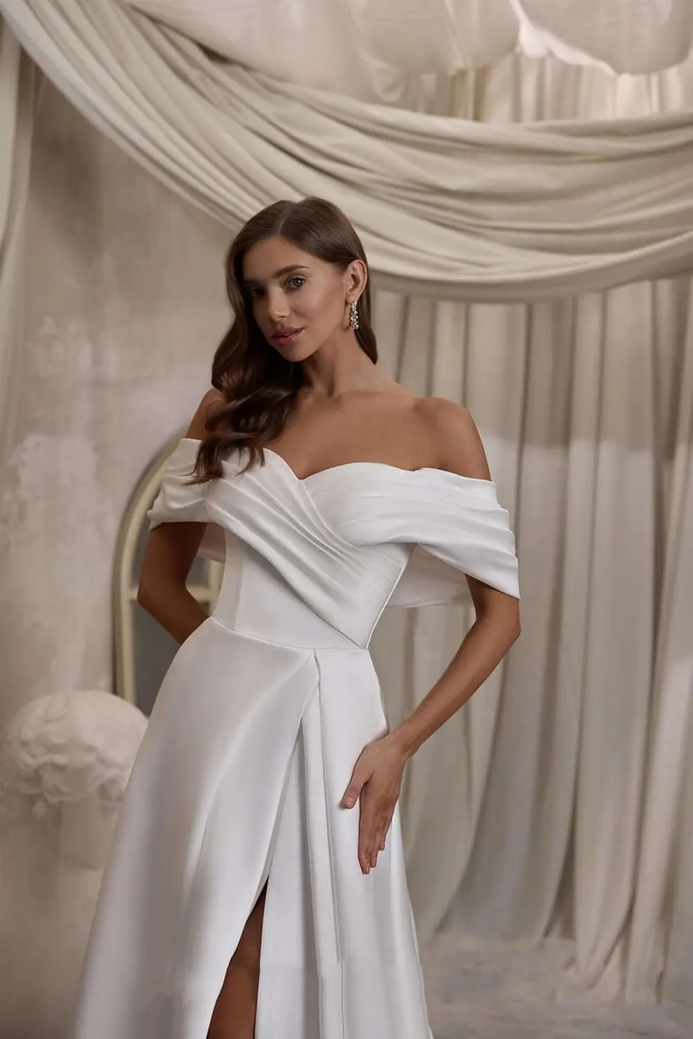 Zeeyecie Off The Shoulder Long Sleeve Satin Wedding Dresses A-Line Beaded Lace Applique Sparkly Bridal Gowns for Brides