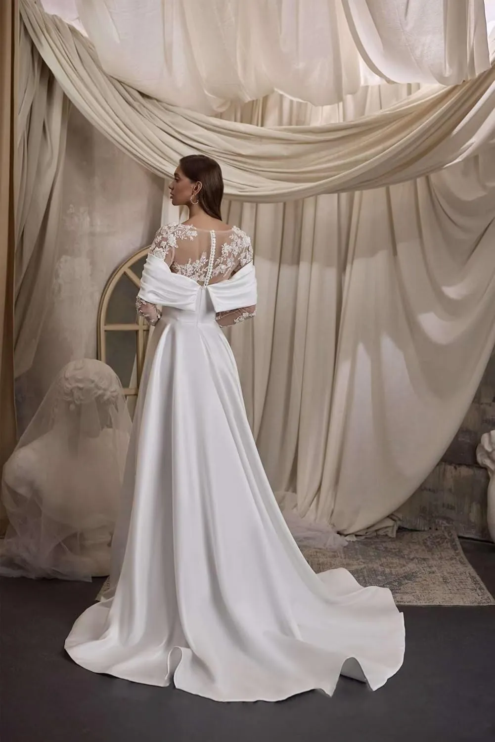Zeeyecie Off The Shoulder Long Sleeve Satin Wedding Dresses A-Line Beaded Lace Applique Sparkly Bridal Gowns for Brides