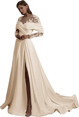 Zeeyecie Off The Shoulder Long Sleeve Satin Wedding Dresses A-Line Beaded Lace Applique Sparkly Bridal Gowns for Brides