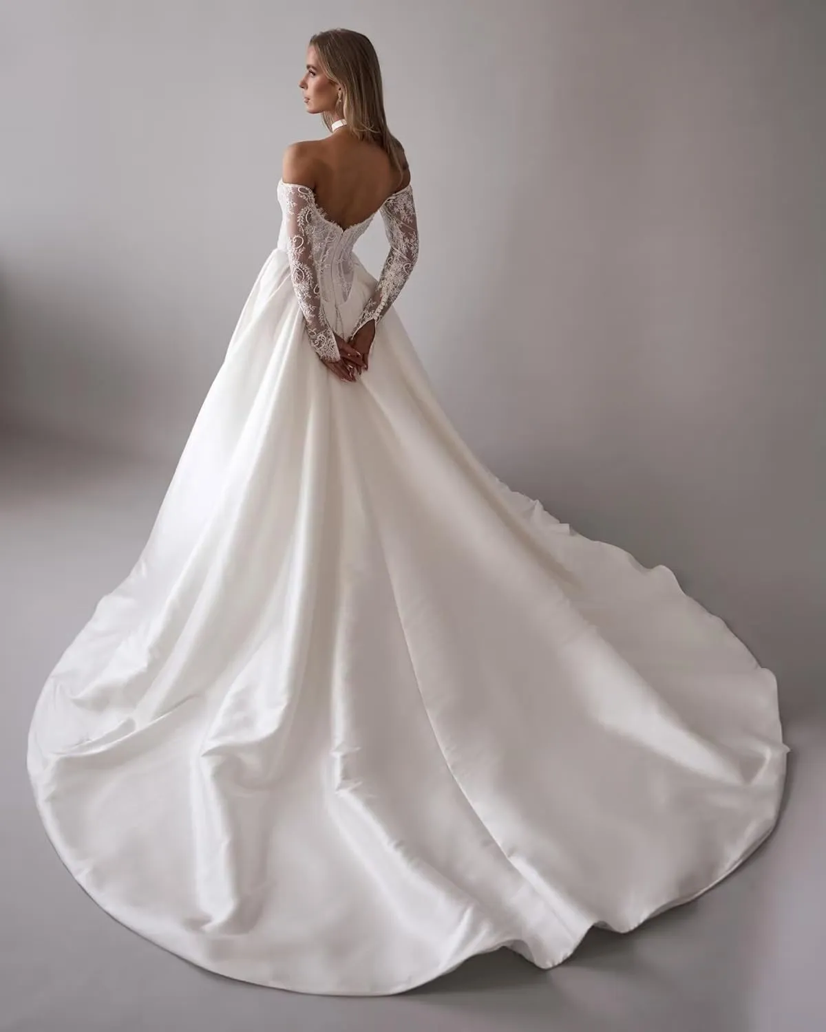 Zeeyecie Off The Shoulder Long Sleeve Satin Wedding Dresses A-Line Beaded Lace Applique Sparkly Bridal Gowns for Brides