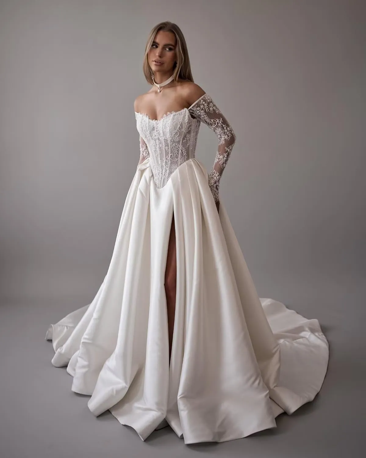 Zeeyecie Off The Shoulder Long Sleeve Satin Wedding Dresses A-Line Beaded Lace Applique Sparkly Bridal Gowns for Brides