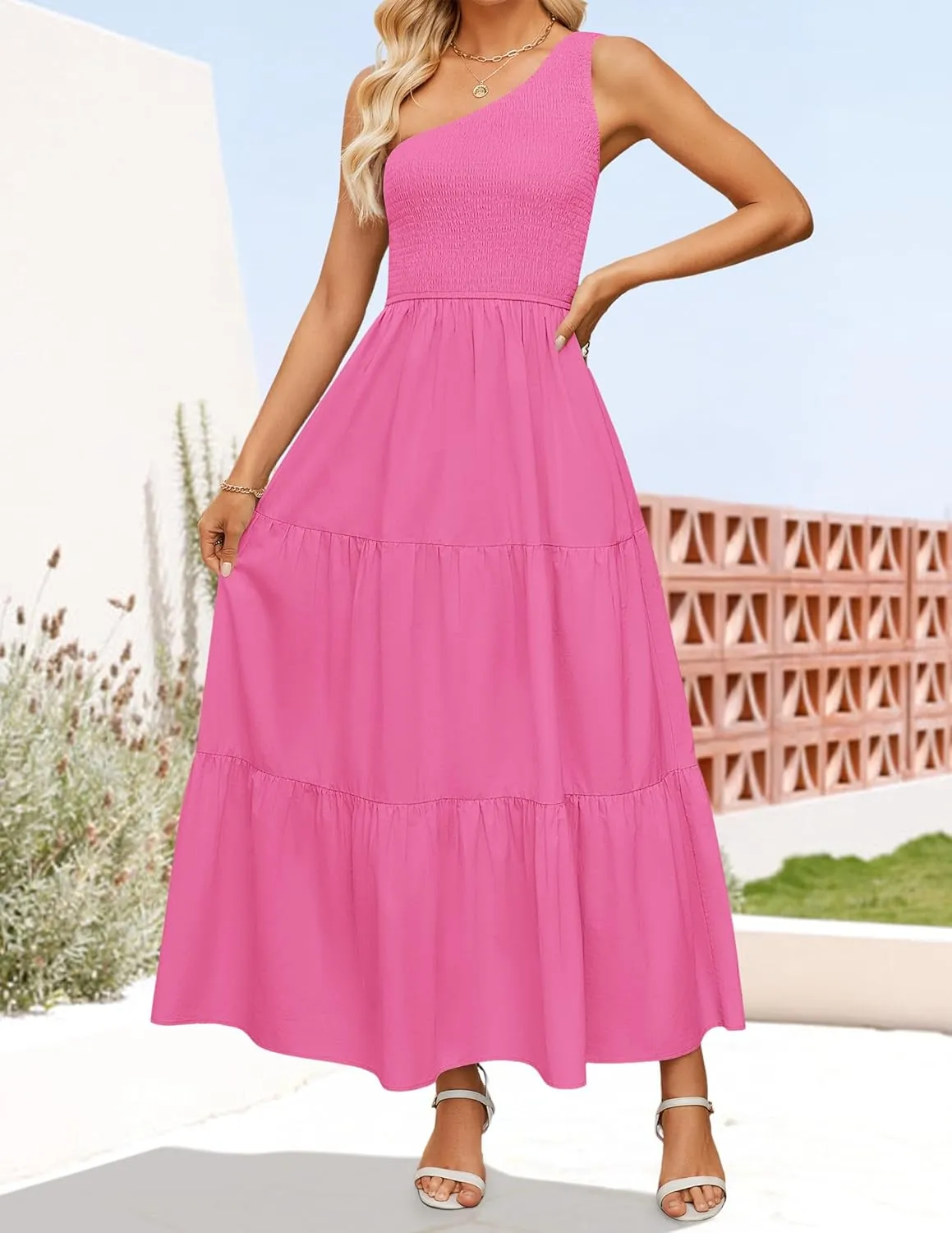 ZESICA Women's 2025 Bohemian Summer Floral Print One Shoulder Sleeveless Smocked Ruffle Tiered Beach Long Midi Dress