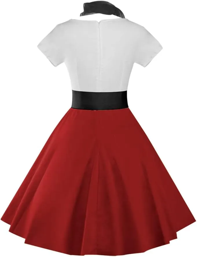 ZEZCLO Women's Retro Poodle Print Skater Dress Vintage High Waist Rockabilly Cocktail Party Swing Dresses