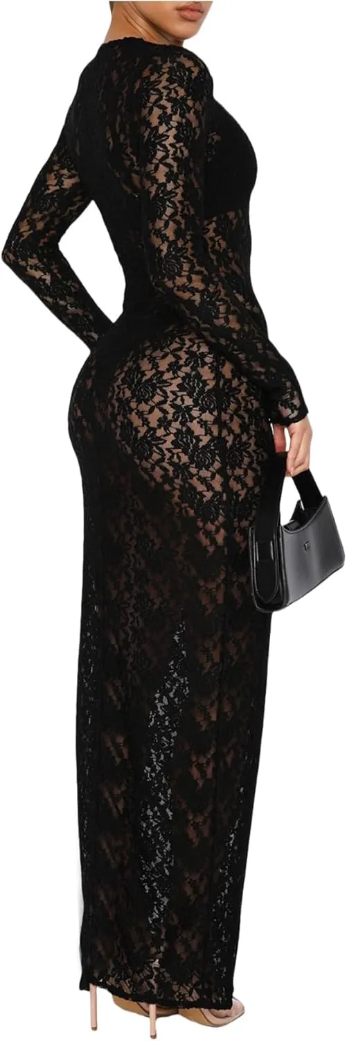 ZGMYC Women's Elegant Floral Lace Maxi Dress Sexy See Through Long Sleeve Evening Dress Party Cocktail Dress Beach Cover Ups