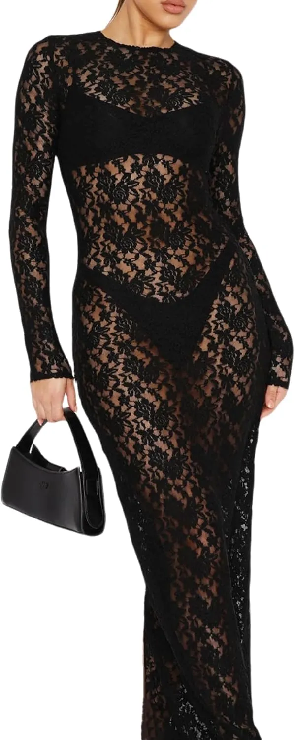 ZGMYC Women's Elegant Floral Lace Maxi Dress Sexy See Through Long Sleeve Evening Dress Party Cocktail Dress Beach Cover Ups