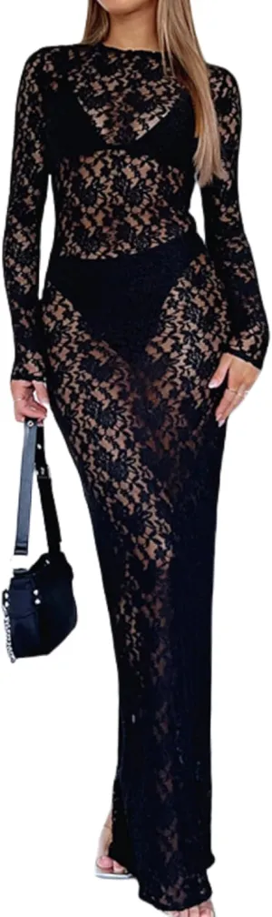 ZGMYC Women's Elegant Floral Lace Maxi Dress Sexy See Through Long Sleeve Evening Dress Party Cocktail Dress Beach Cover Ups