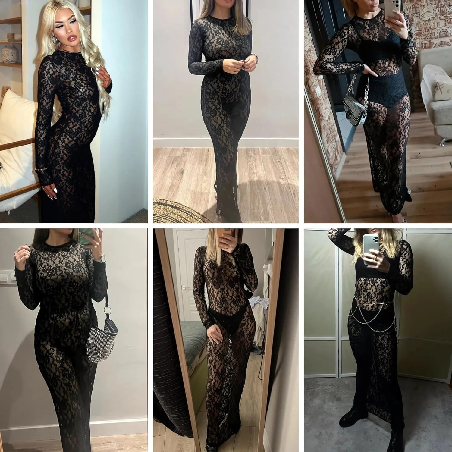 ZGMYC Women's Elegant Floral Lace Maxi Dress Sexy See Through Long Sleeve Evening Dress Party Cocktail Dress Beach Cover Ups