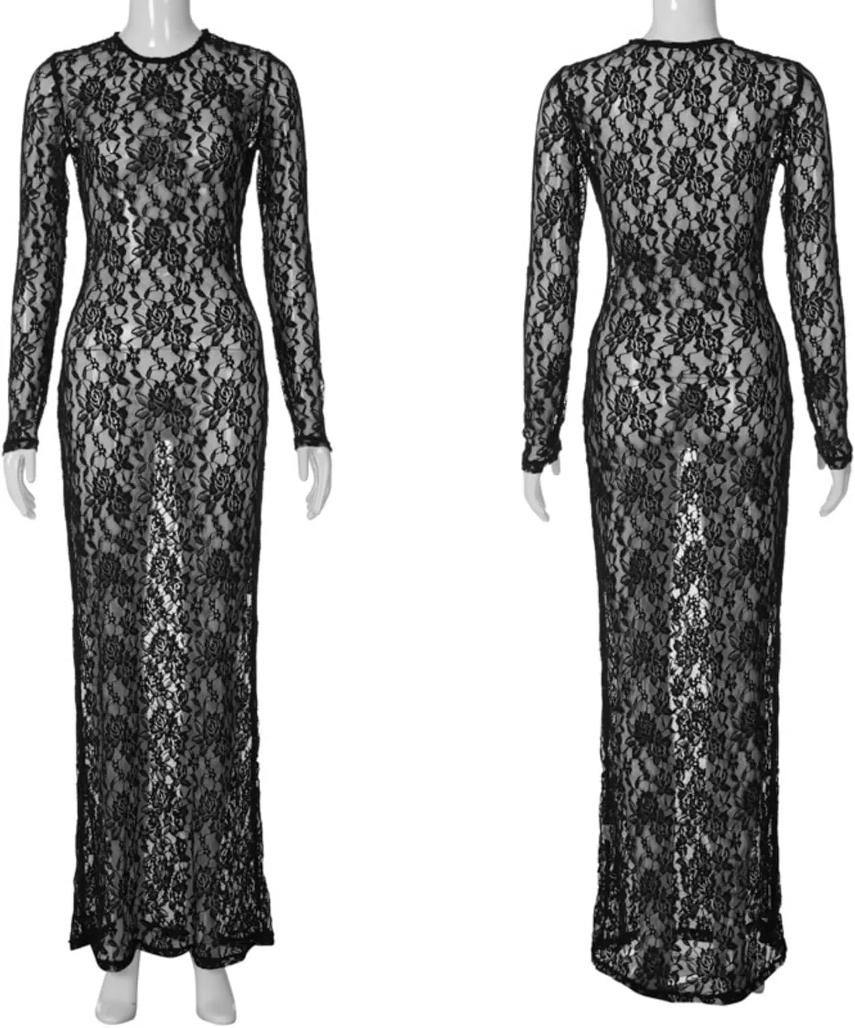ZGMYC Women's Elegant Floral Lace Maxi Dress Sexy See Through Long Sleeve Evening Dress Party Cocktail Dress Beach Cover Ups