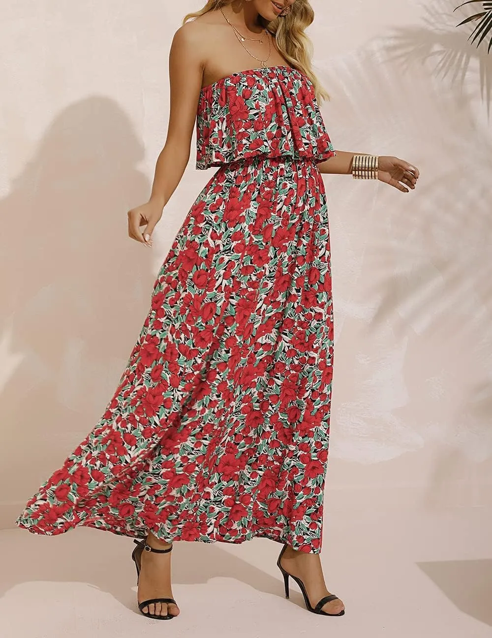 ZMPSIISA Women's Summer Off The Shoulder Maxi Dress Ruffle Strapless Blue White Porcelain Boho Casual Loose Long Dresses