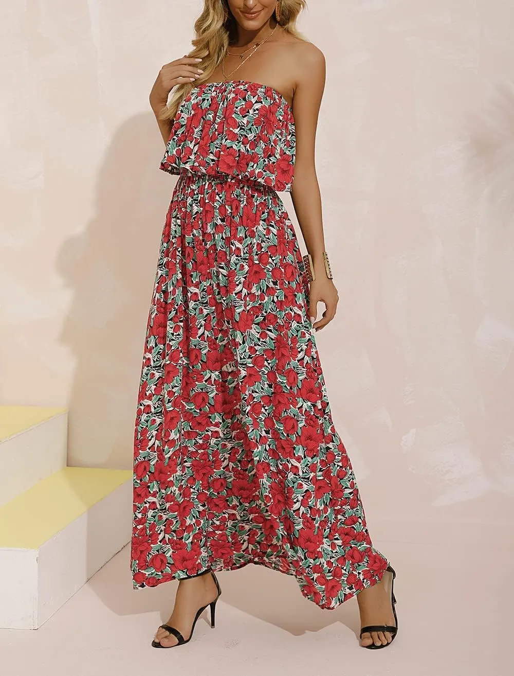 ZMPSIISA Women's Summer Off The Shoulder Maxi Dress Ruffle Strapless Blue White Porcelain Boho Casual Loose Long Dresses
